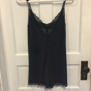 𝅺navy blue teddy romper with lace trim and covered buttons